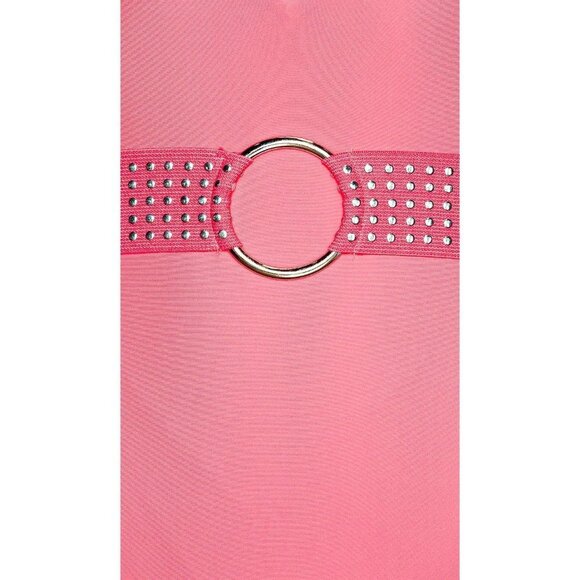 NWT ELLEJAY Coco One Piece Swimsuit Deep V-Neck with Metallic Ring‎ Belt Pink M - Picture 6 of 6